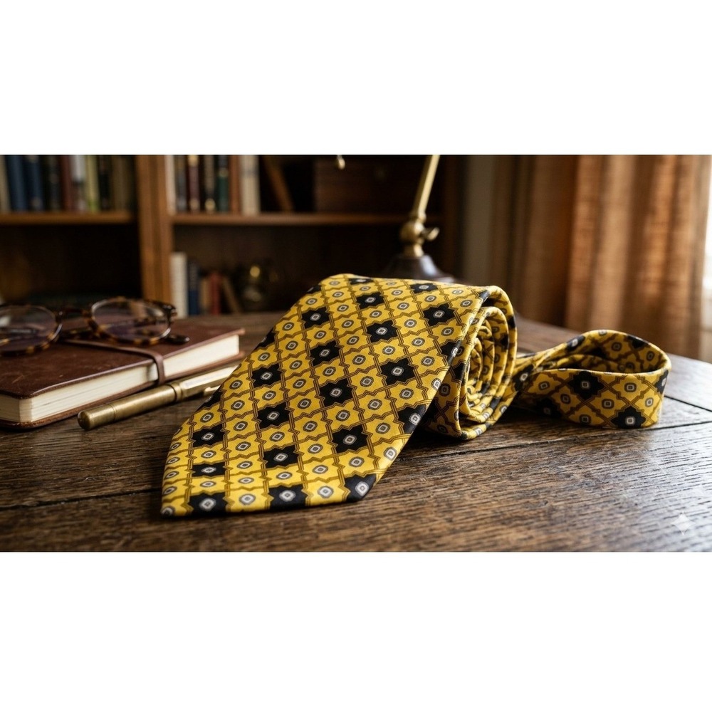 Lugari Italy Men's Silk Tie Yellow Black Geometric Lattice Medallion Necktie